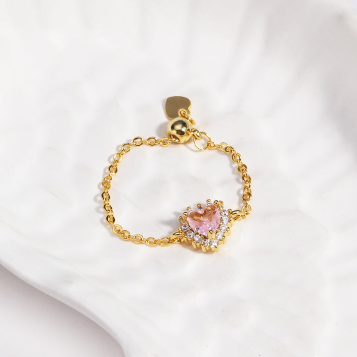 Multi-Color Heart-Shaped Gemstone Chain Adjustable Ring