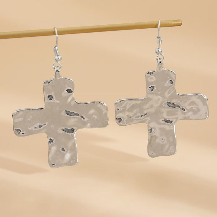 Gold & Silver Hammered Cross Jewelry Set - Necklace, Earrings, Bracelet Women's Light Luxury Religious Style Accessory