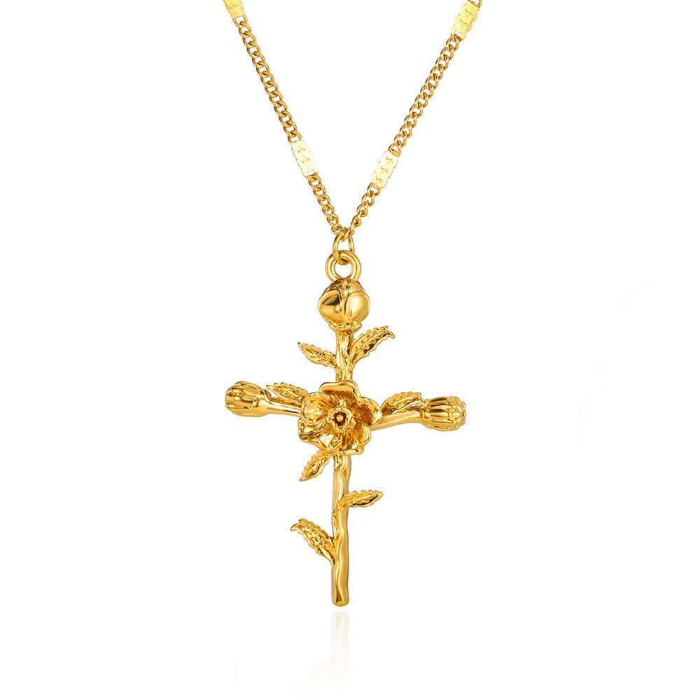 12-Month Birth Flower Cross Necklace 18K Gold-Plated Embossed Floral Pendant Light Luxury Memorial Choker