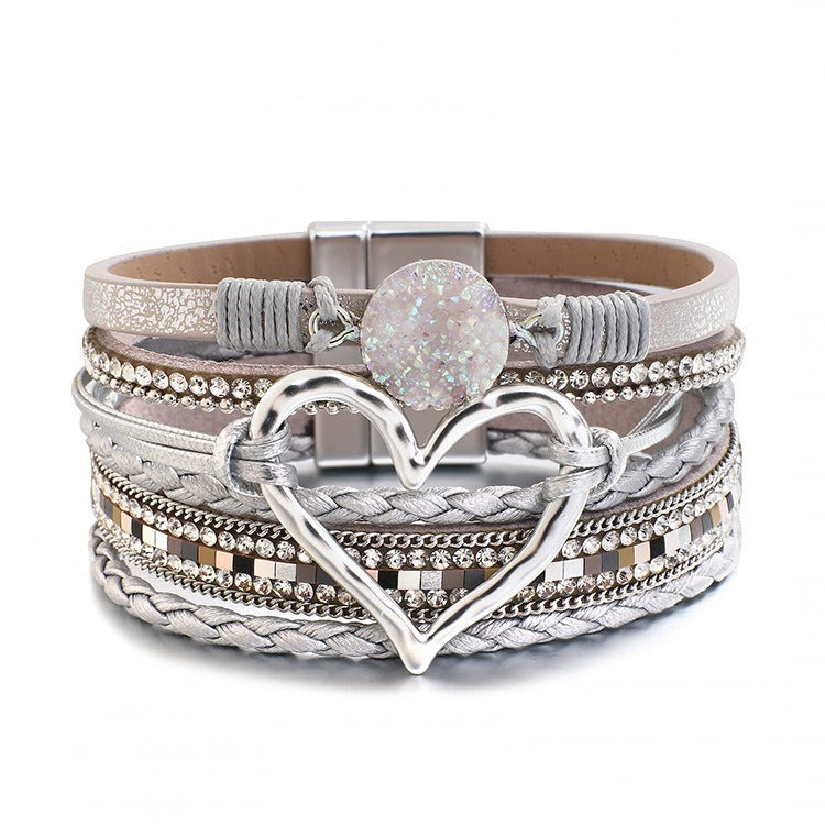 Multi-Color Multi-Layer Heart Braided Bracelet - Leather Diamond-Paved Niche Light Luxury Bracelet