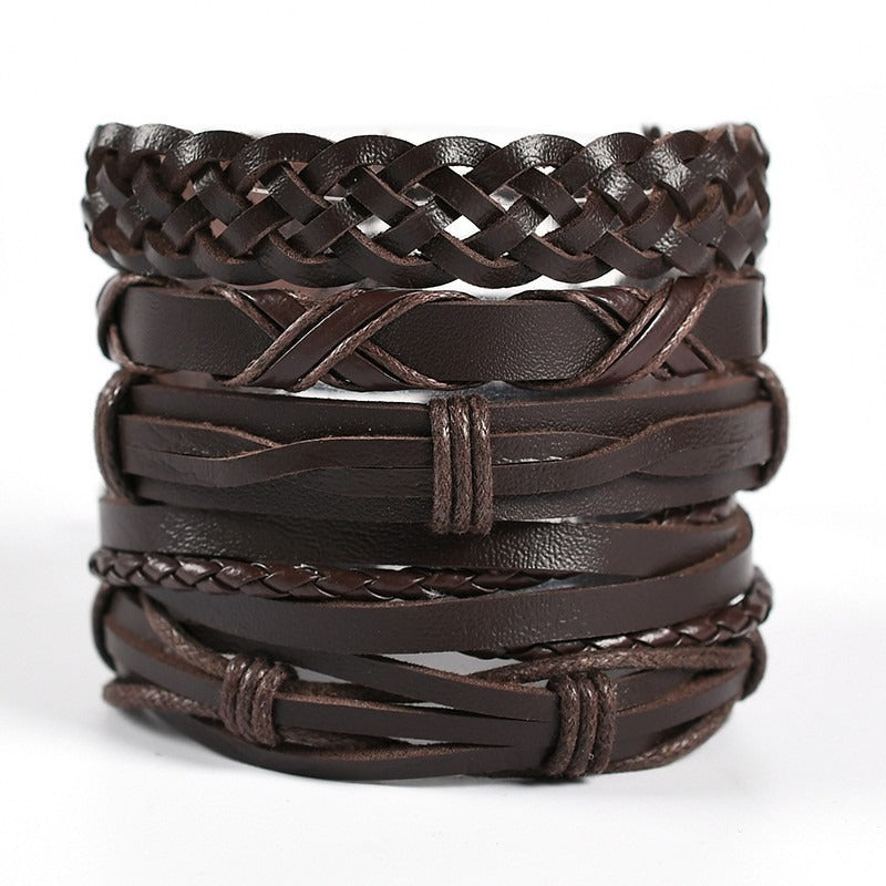 Multi-Style Leather Stackable Bracelet Set - Titanium Steel Accents Niche Dark-Style Bracelets