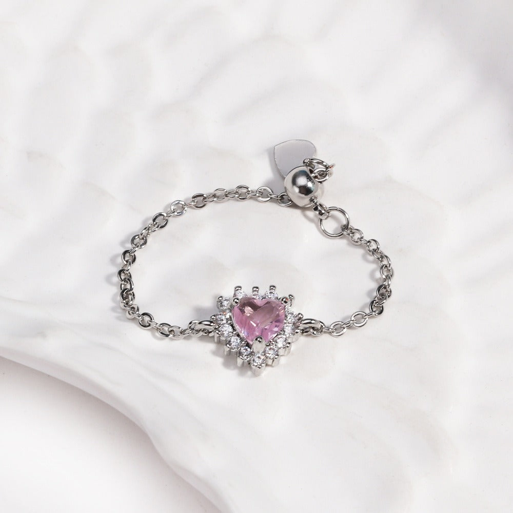 Multi-Color Heart-Shaped Gemstone Chain Adjustable Ring