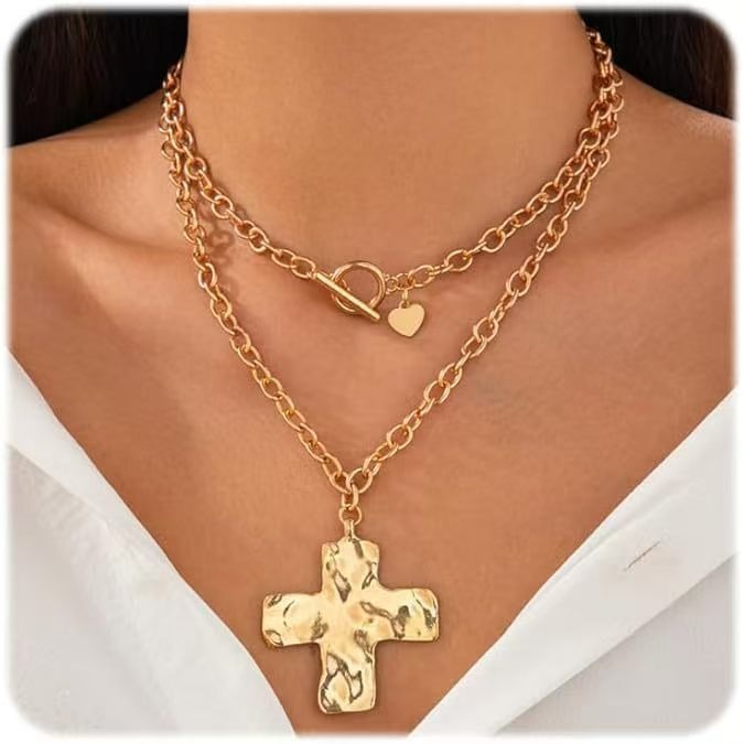Gold & Silver Hammered Cross Jewelry Set - Necklace, Earrings, Bracelet Women's Light Luxury Religious Style Accessory