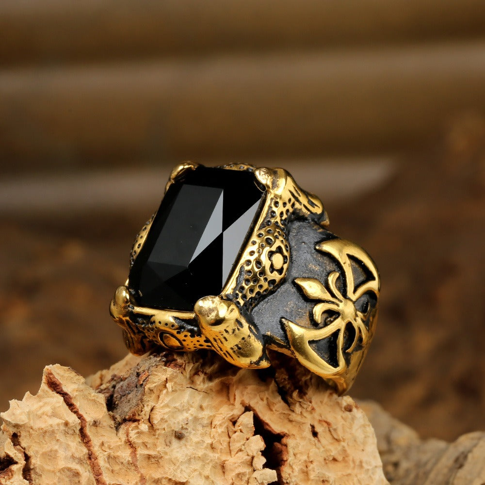 Retro Dark Multi-Color Large Gemstone Ring - Antique Gold/Silver Plated Unisex Niche Statement Band