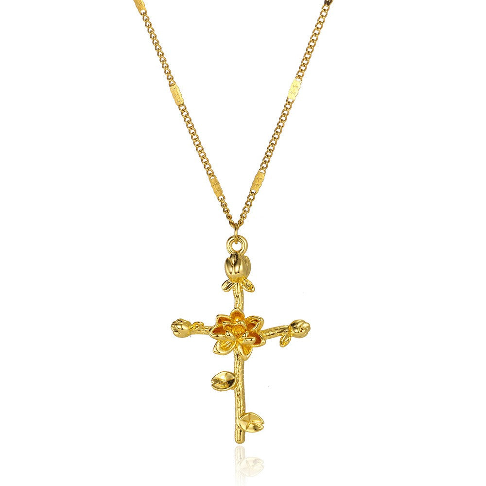 12-Month Birth Flower Cross Necklace 18K Gold-Plated Embossed Floral Pendant Light Luxury Memorial Choker