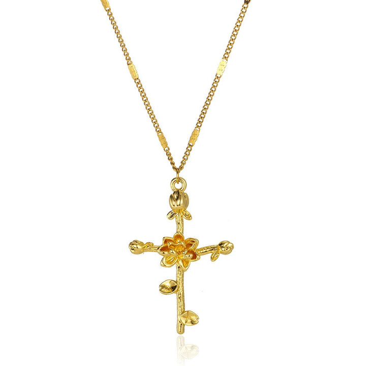 12-Month Birth Flower Cross Necklace 18K Gold-Plated Embossed Floral Pendant Light Luxury Memorial Choker