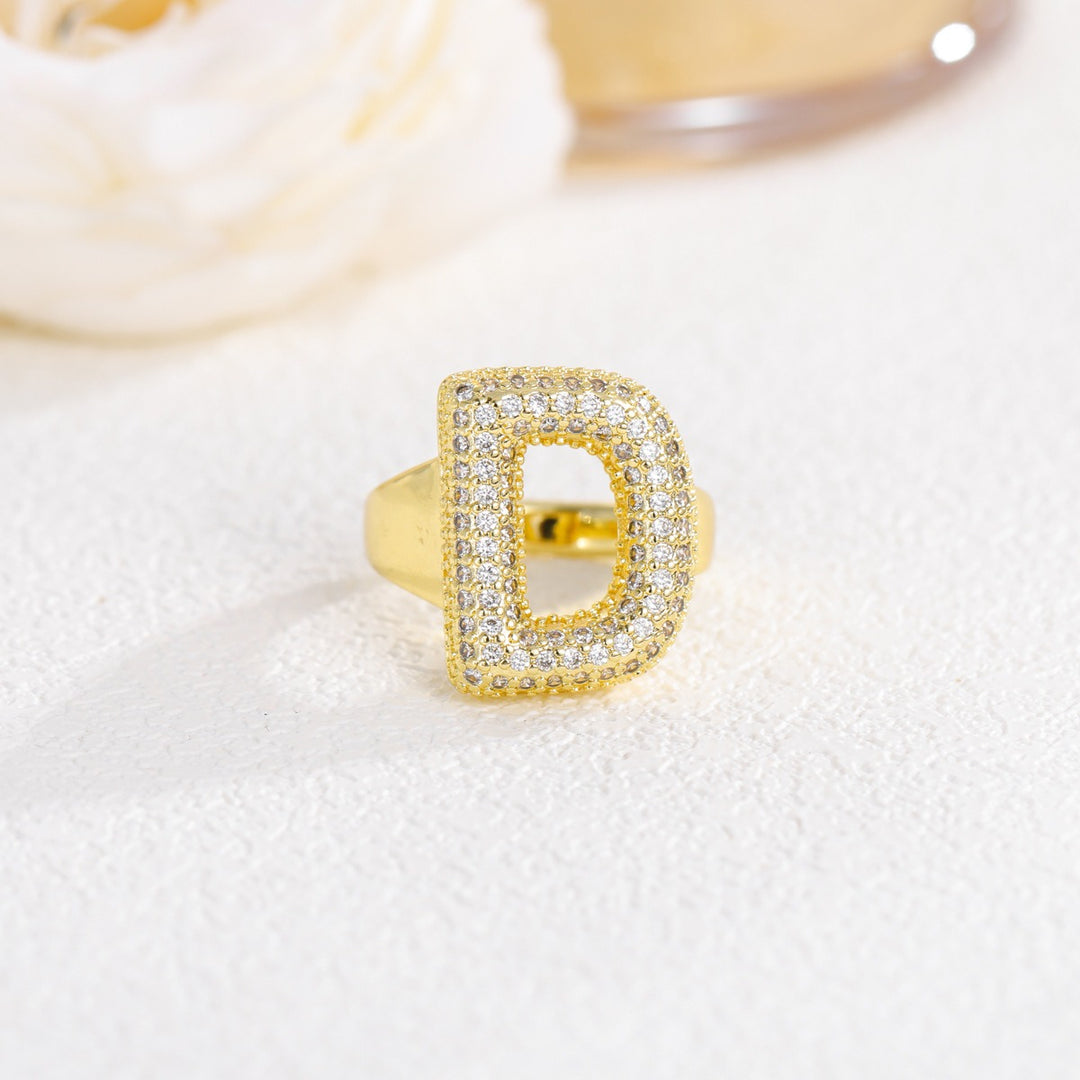 Letter Starburst 18K Gold Diamond 26-Letter Open Ring（Free shipping on orders of two or more items）