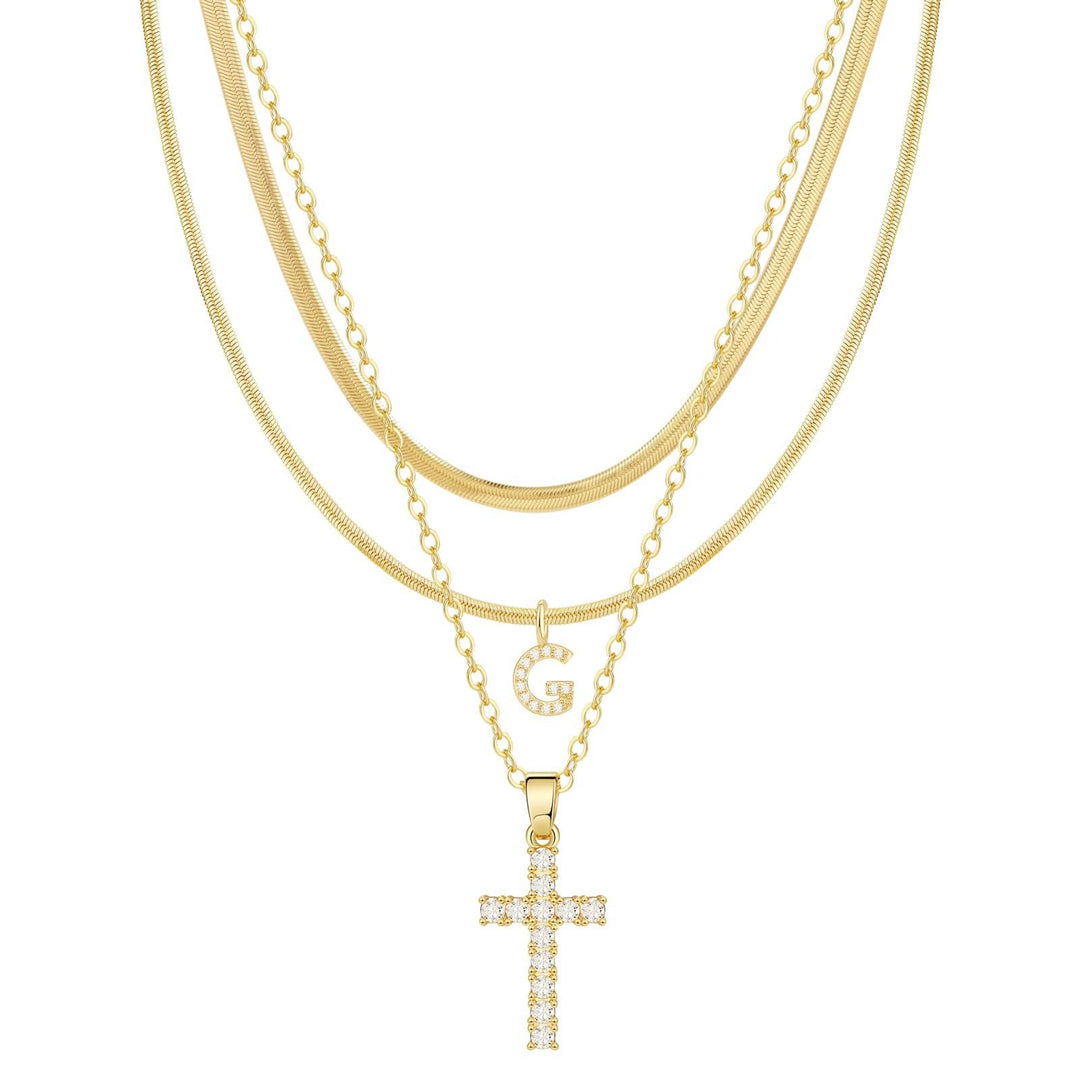26 Letters Optional Multi-Layer Cross Necklace - Gold Diamond-Encrusted Layered Choker