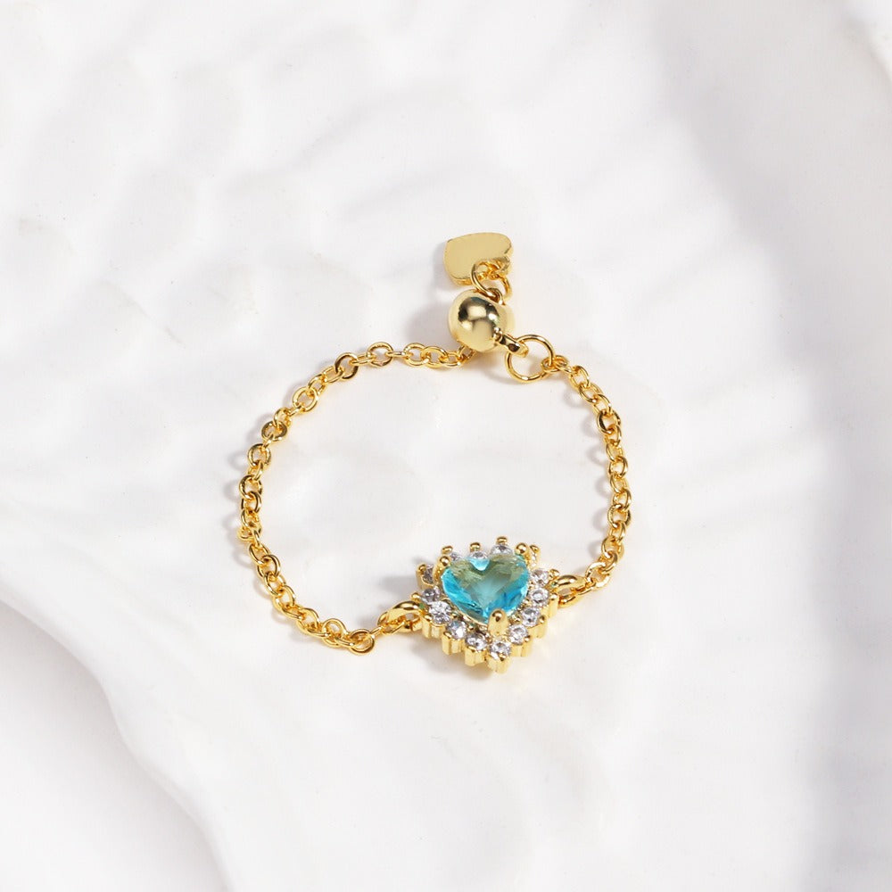 Multi-Color Heart-Shaped Gemstone Chain Adjustable Ring