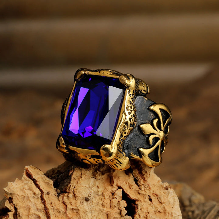 Retro Dark Multi-Color Large Gemstone Ring - Antique Gold/Silver Plated Unisex Niche Statement Band