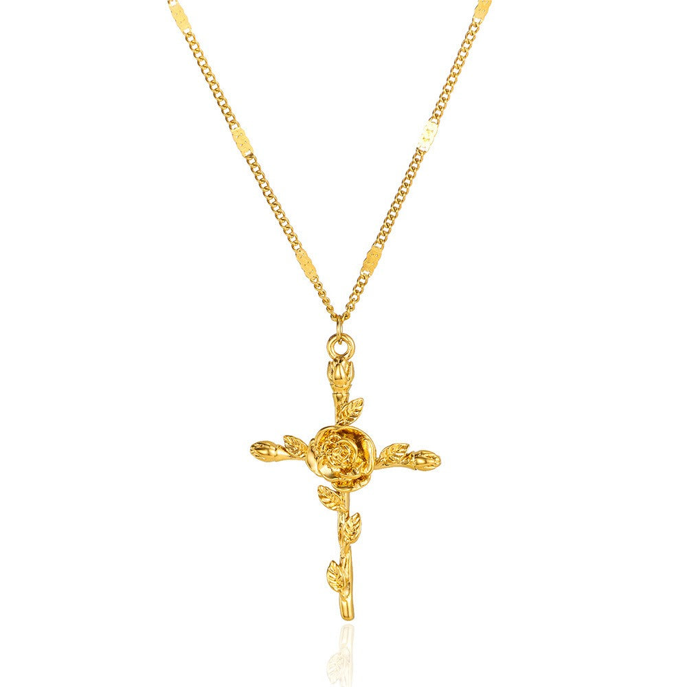 12-Month Birth Flower Cross Necklace 18K Gold-Plated Embossed Floral Pendant Light Luxury Memorial Choker
