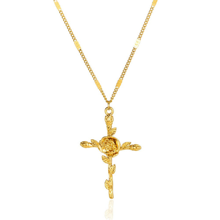 12-Month Birth Flower Cross Necklace 18K Gold-Plated Embossed Floral Pendant Light Luxury Memorial Choker