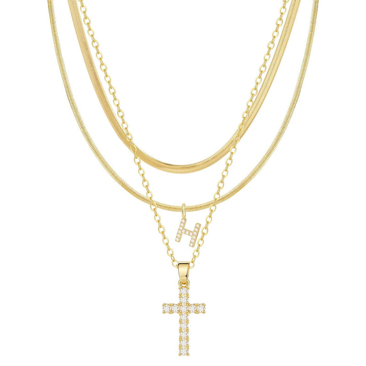 26 Letters Optional Multi-Layer Cross Necklace - Gold Diamond-Encrusted Layered Choker