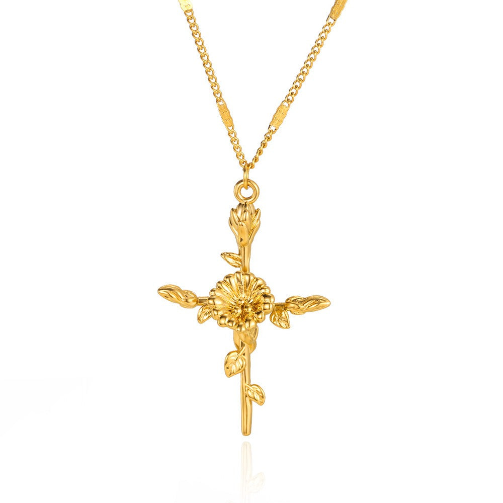 12-Month Birth Flower Cross Necklace 18K Gold-Plated Embossed Floral Pendant Light Luxury Memorial Choker