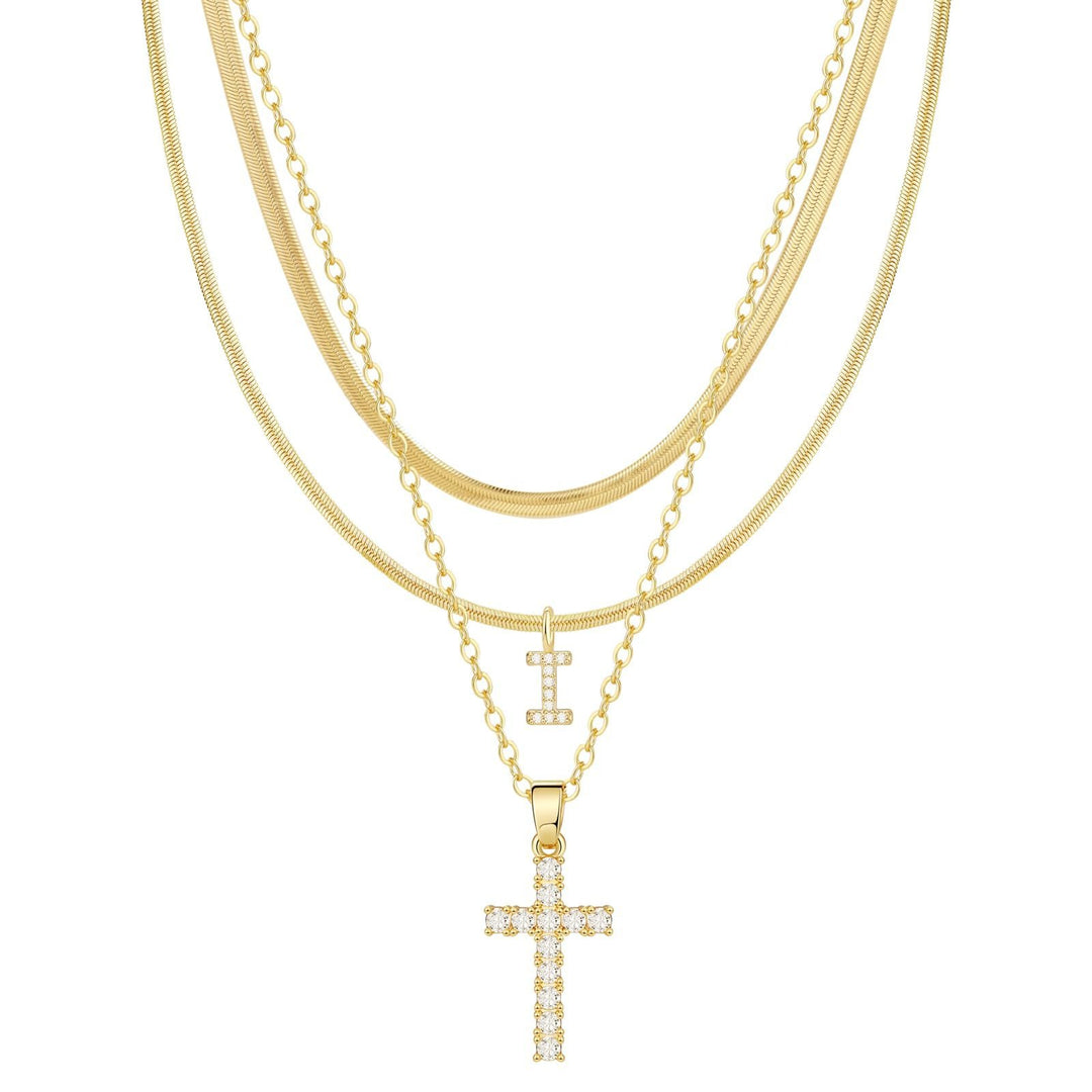 26 Letters Optional Multi-Layer Cross Necklace - Gold Diamond-Encrusted Layered Choker