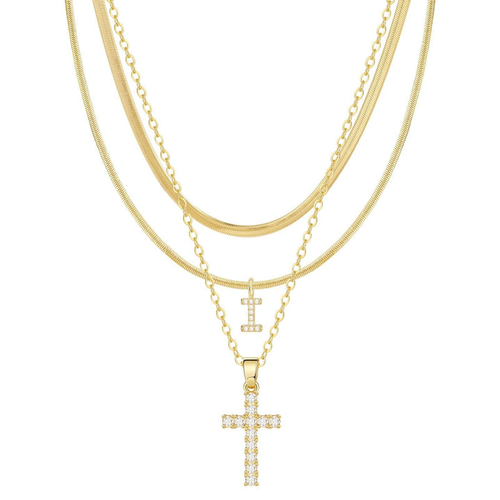 26 Letters Optional Multi-Layer Cross Necklace - Gold Diamond-Encrusted Layered Choker
