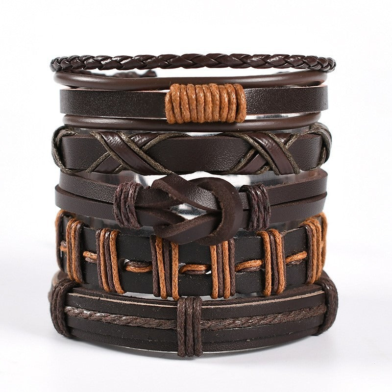 Multi-Style Leather Stackable Bracelet Set - Titanium Steel Accents Niche Dark-Style Bracelets